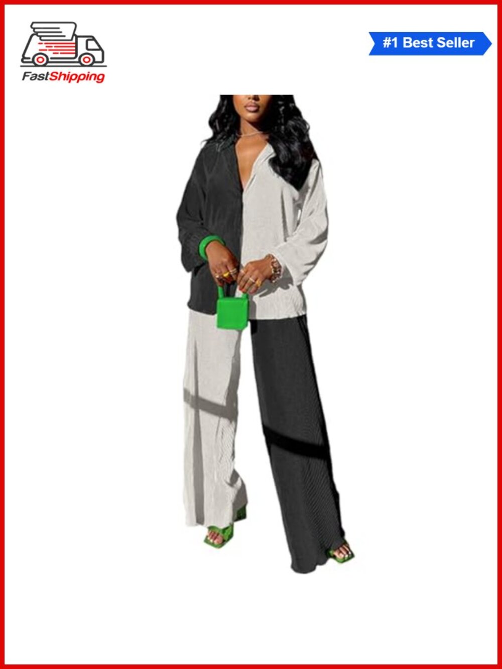 ✨ Women 2 Piece Outfit Button Down Shirt & Wide Leg Pants Plisse Set